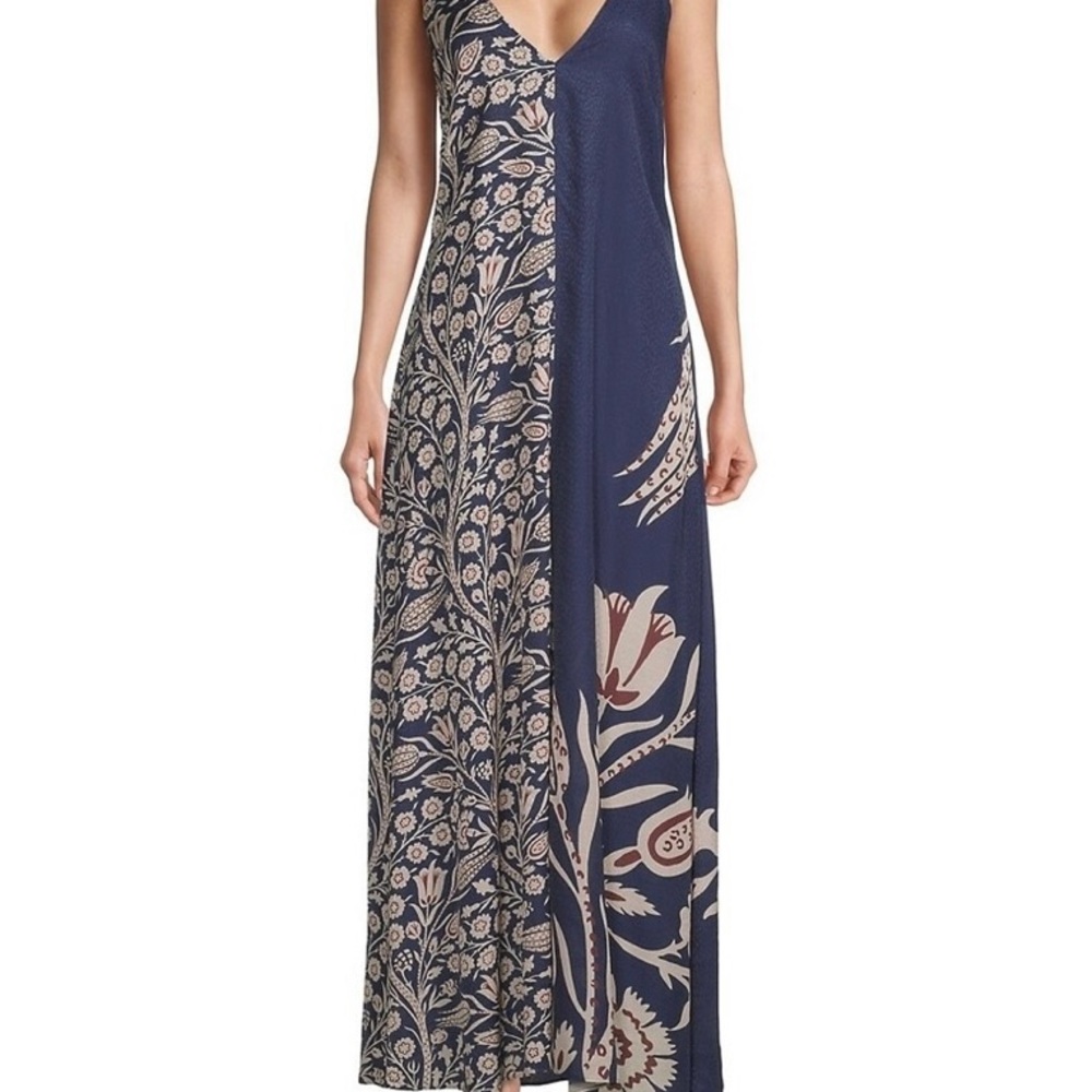 Ted Baker Navy beige brown strappy maxi dress with cutout back and tie closure